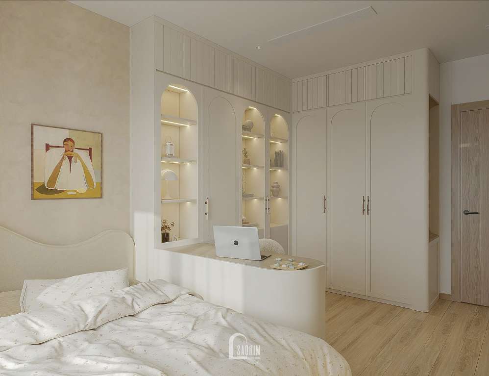 Thiết kế nội thất không gian phòng ngủ Master tại chung cư 87m2 Hinode City phong cách Wabi Sabi
